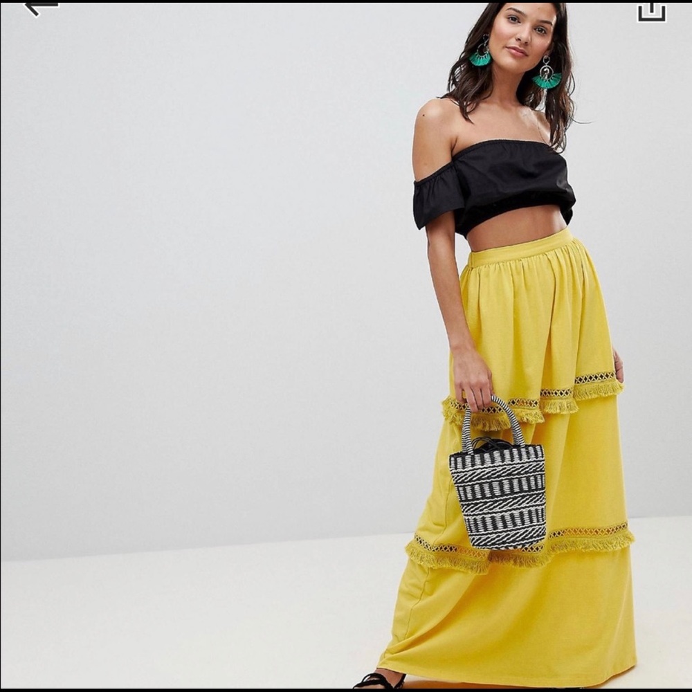 yellow ASOS fringe maxi skirt